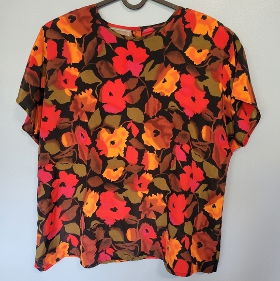 Vntg Liz Baker Floral Print Blouse Size 1X in Red - Picture 2 of 7
